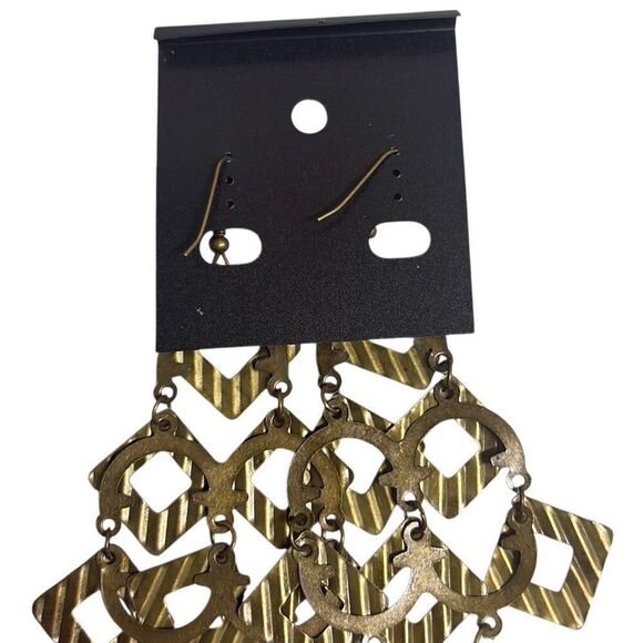 Bronze Geometric Square Hollow Chandelier Dangle Fashion Earrings Deco Boho 4.5" - Picture 4 of 5